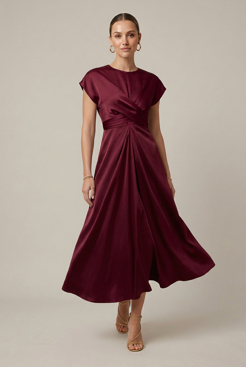 Women's Satin One-Shoulder Midi Dress – Round Neck High Waist Lace-Up Cocktail Dress