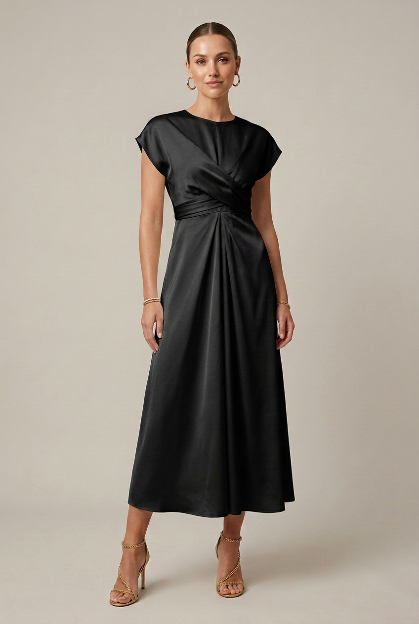 Women's Satin One-Shoulder Midi Dress – Round Neck High Waist Lace-Up Cocktail Dress