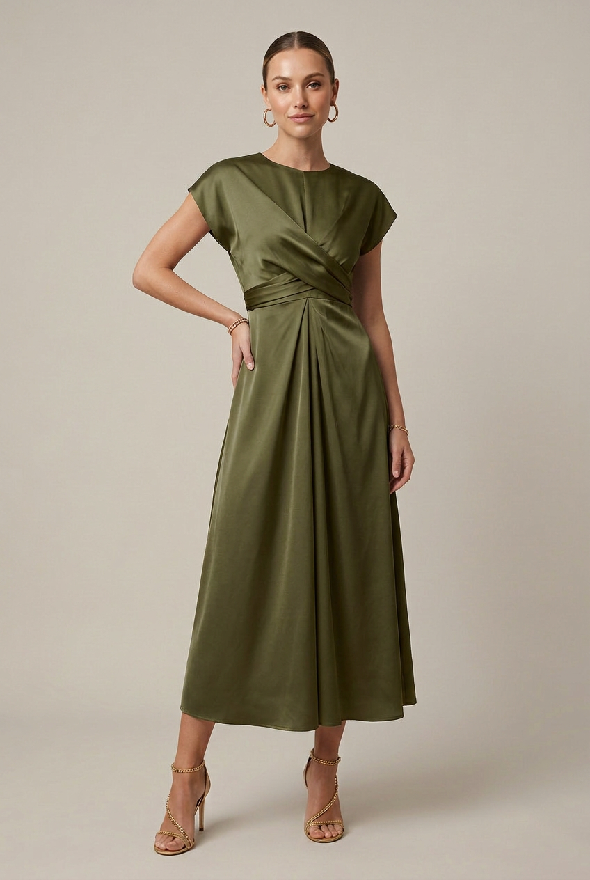 Women's Satin One-Shoulder Midi Dress – Round Neck High Waist Lace-Up Cocktail Dress