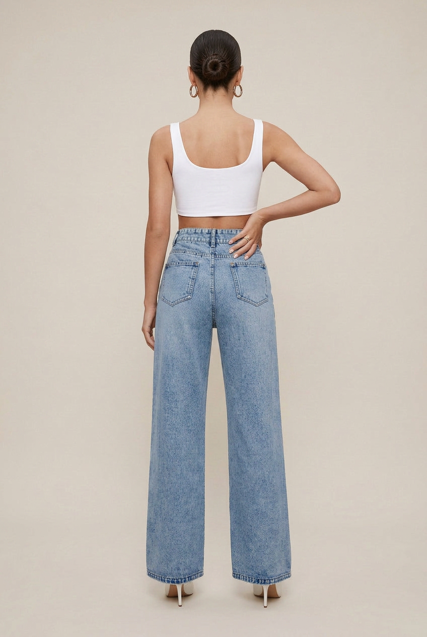 Women's High Waist Distressed Wide-Leg Jeans – Ripped Cotton Blend Straight Denim Trousers