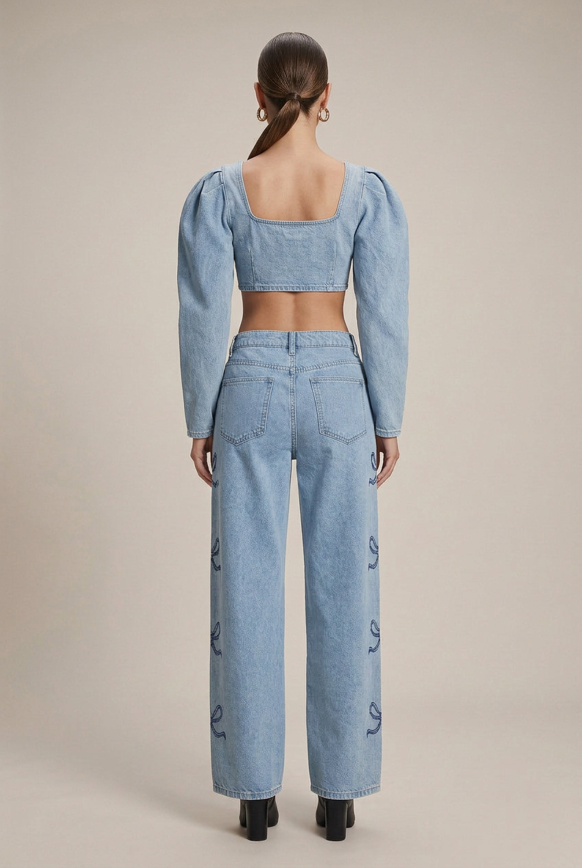 Women's Y2K High Waist Bow Detail Wide-Leg Jeans – Washed Cotton Blend Straight Denim Trousers