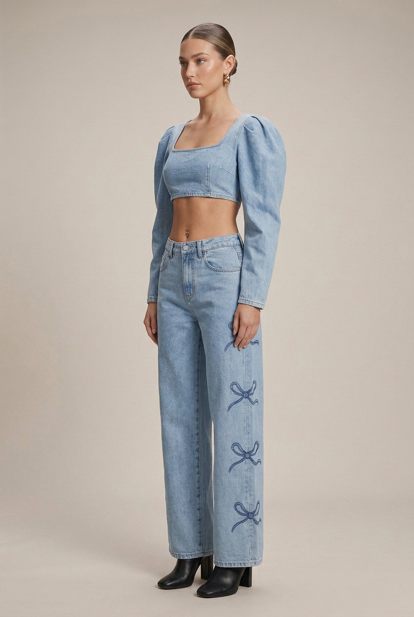 Women's Y2K High Waist Bow Detail Wide-Leg Jeans – Washed Cotton Blend Straight Denim Trousers