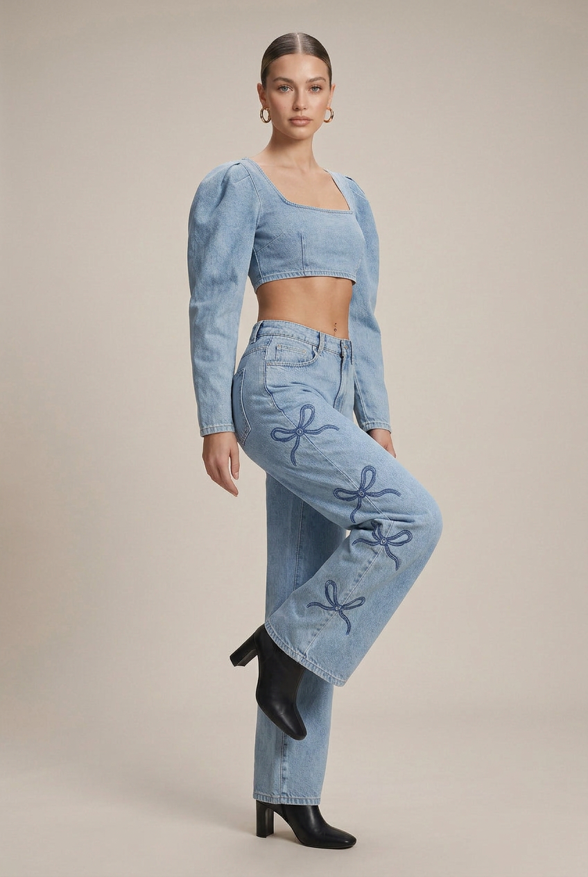 Women's Y2K High Waist Bow Detail Wide-Leg Jeans – Washed Cotton Blend Straight Denim Trousers