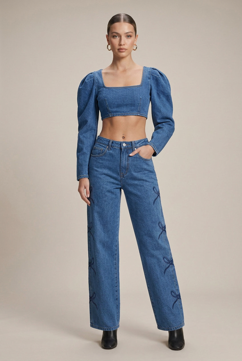 Women's Y2K High Waist Bow Detail Wide-Leg Jeans – Washed Cotton Blend Straight Denim Trousers