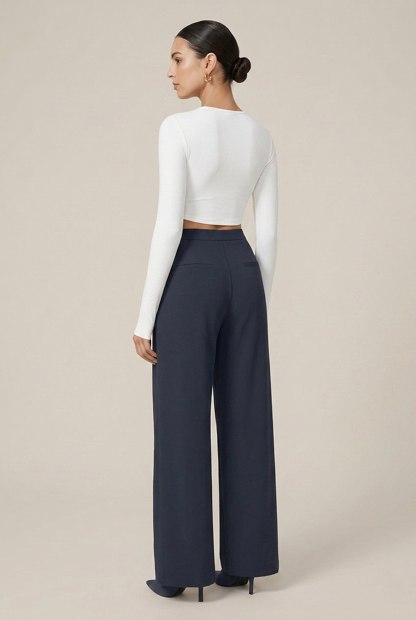 Women's High-Waist Straight-Leg Trousers – Stretch Viscose Slim-Fit Pants with Pockets