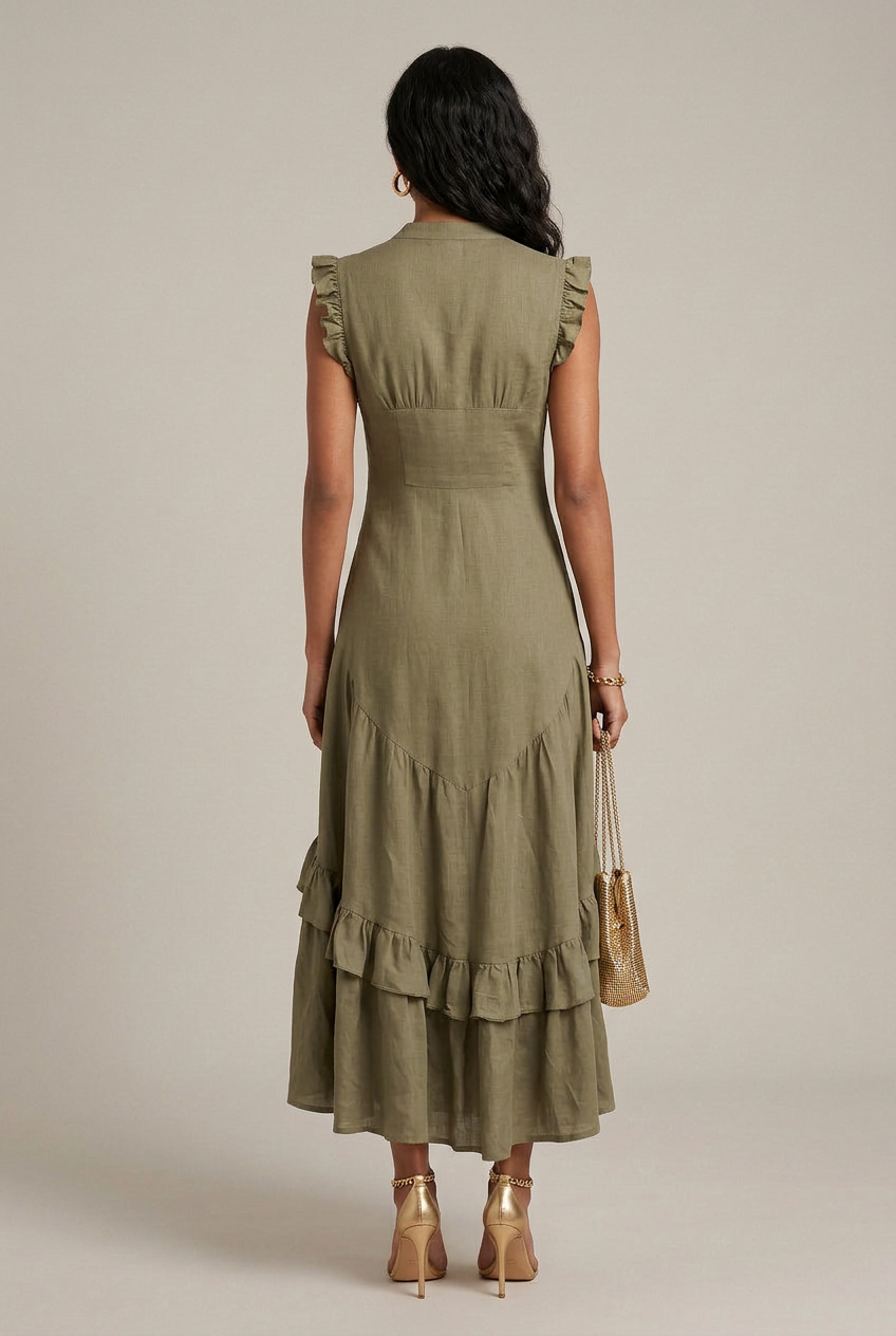 Women's Sleeveless V-Neck Midi Dress – Cotton Linen Blend with Pleated Irregular Hem