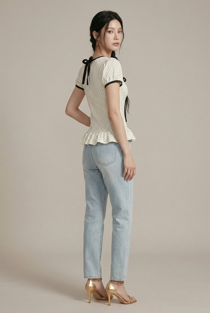 Women's Polka Dot Puff Sleeve Top - Ruffled Hem Bow Tie Slim Fit Blouse