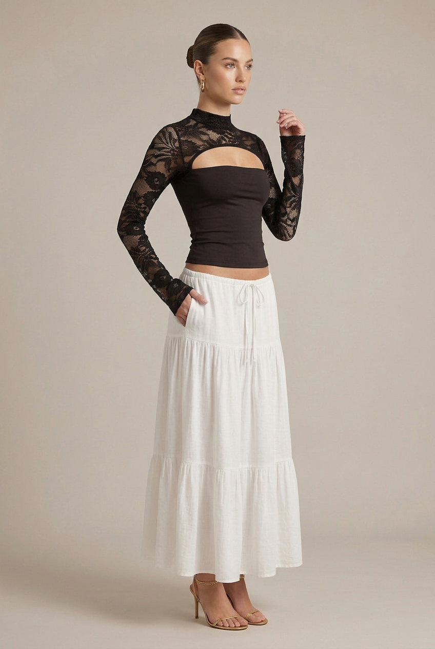 Women's Slim Fit Cropped Top - Bell Sleeve Lace Cut-Out Round Neck Blouse
