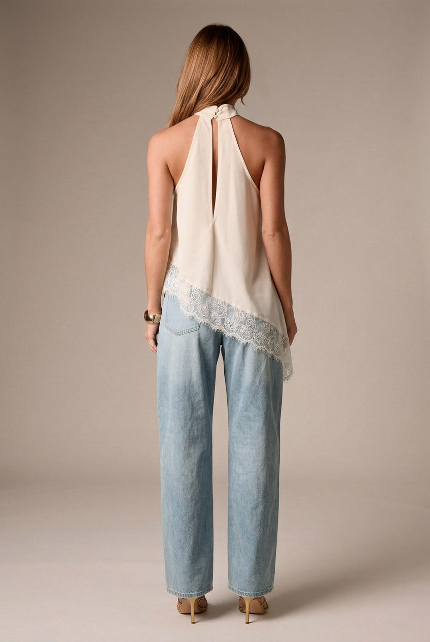 Women's Satin Halter Vest - Lace Trim Asymmetric Sleeveless A-Line Top