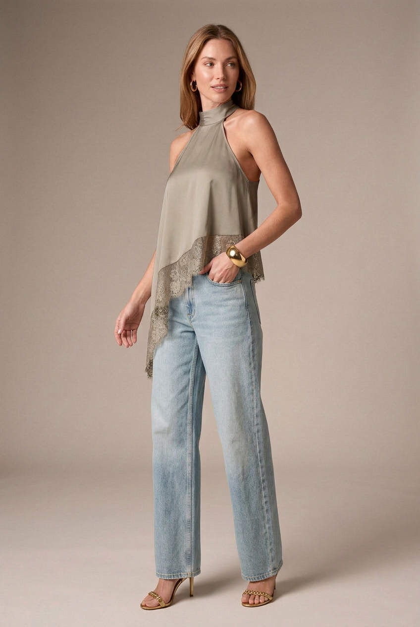 Women's Satin Halter Vest - Lace Trim Asymmetric Sleeveless A-Line Top
