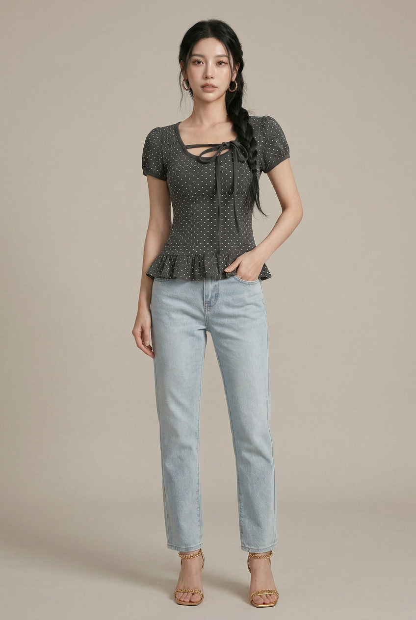 Women's Polka Dot Puff Sleeve Top - Ruffled Hem Bow Tie Slim Fit Blouse