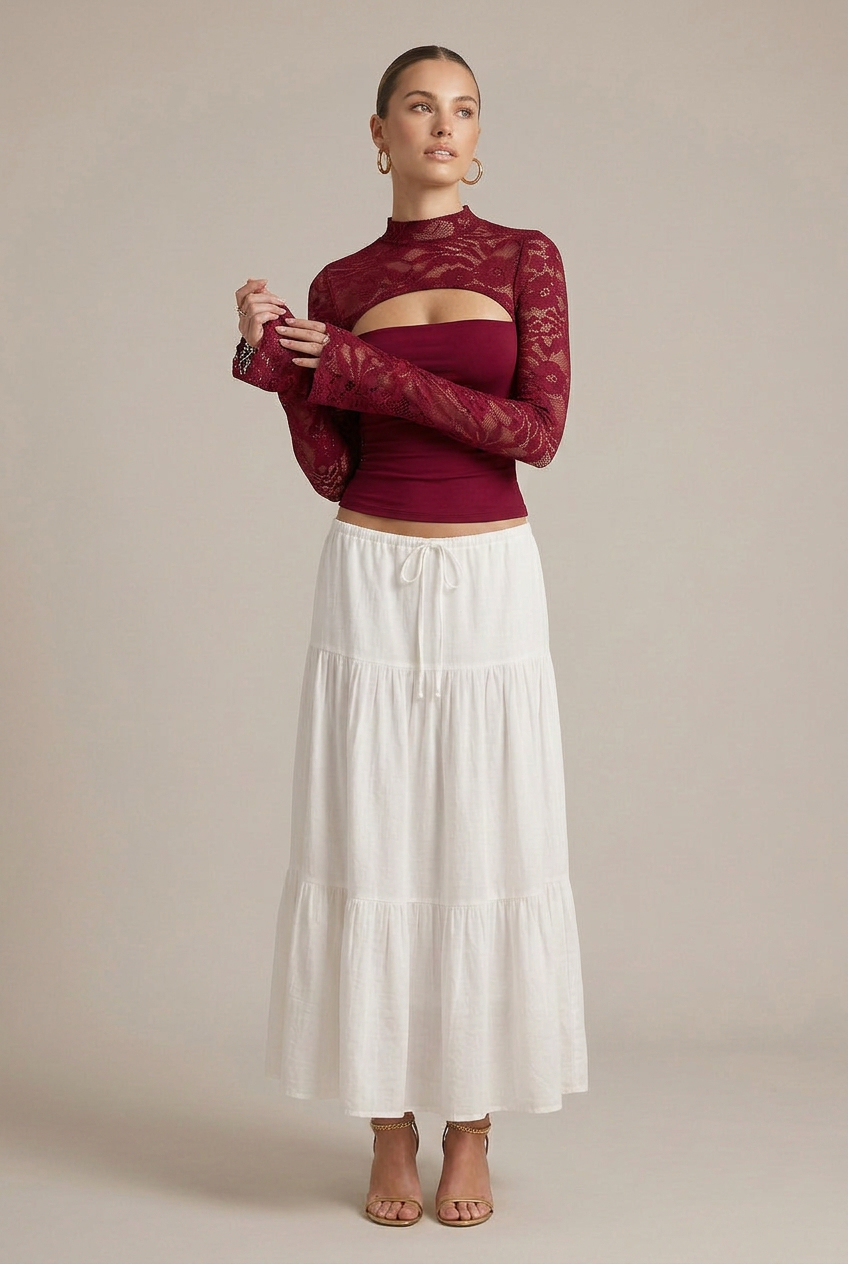 Women's Slim Fit Cropped Top - Bell Sleeve Lace Cut-Out Round Neck Blouse