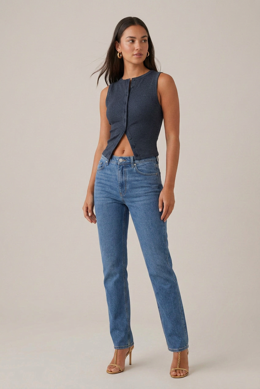Women's Sleeveless Button-Up Vest - Round Neck Slim Fit Streetwear Top