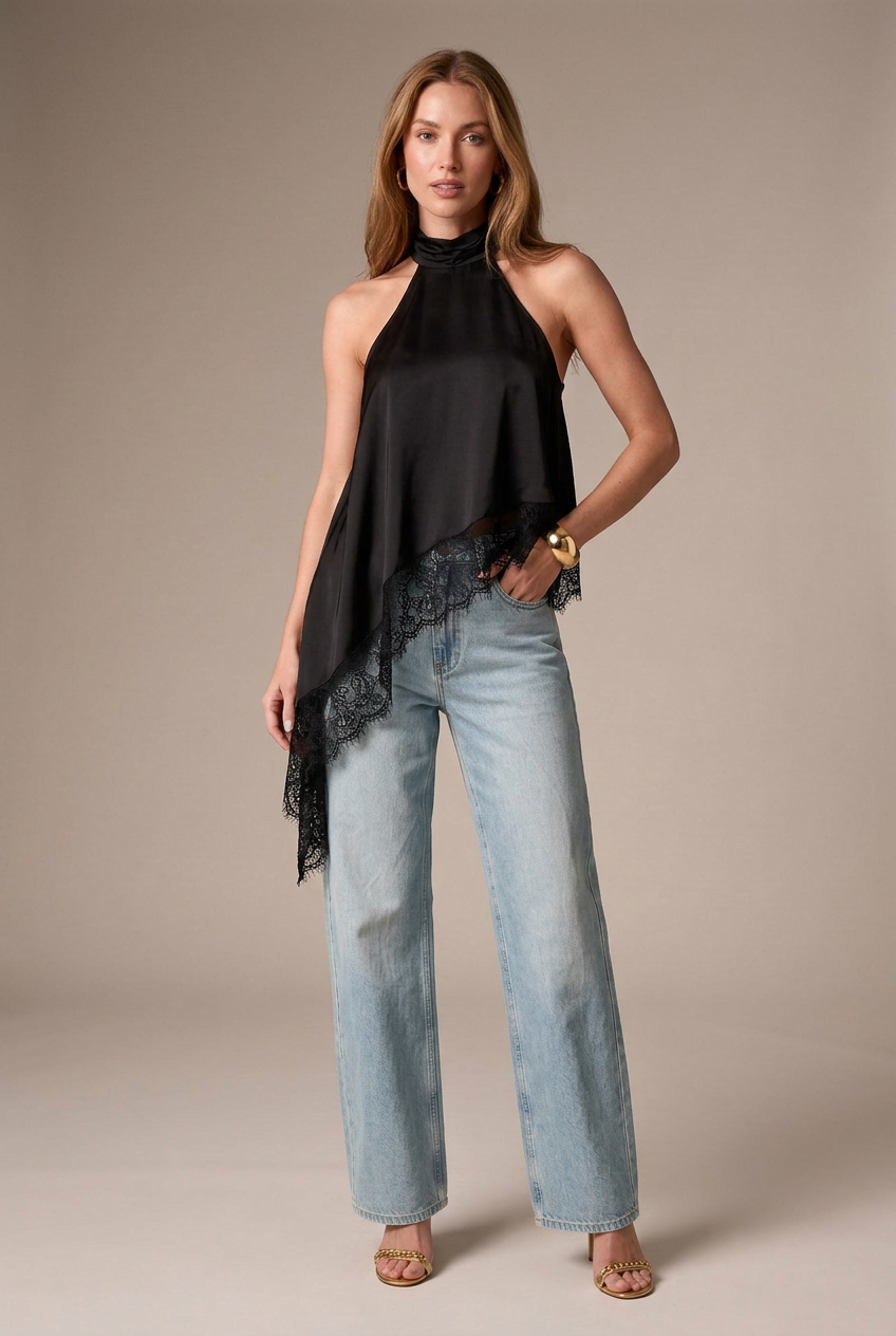 Women's Satin Halter Vest - Lace Trim Asymmetric Sleeveless A-Line Top