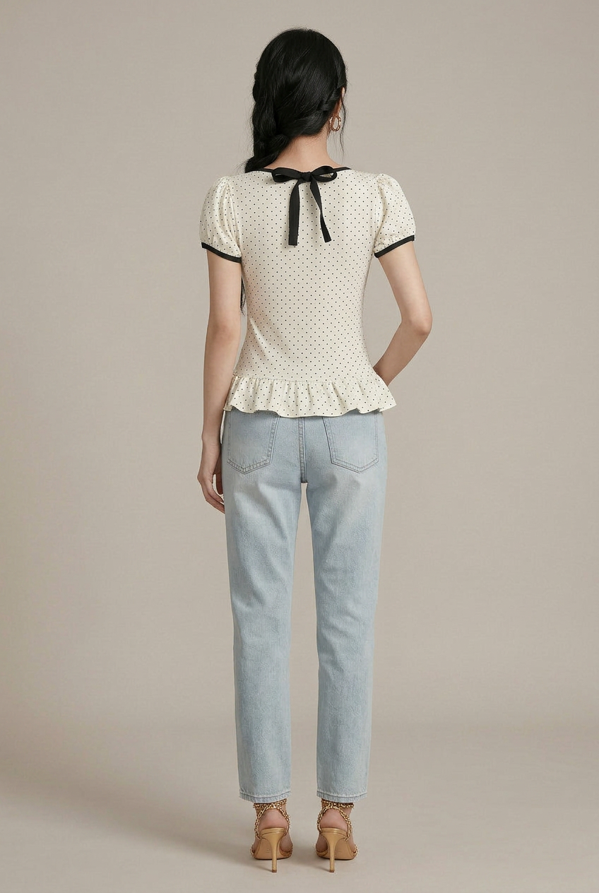 Women's Polka Dot Puff Sleeve Top - Ruffled Hem Bow Tie Slim Fit Blouse