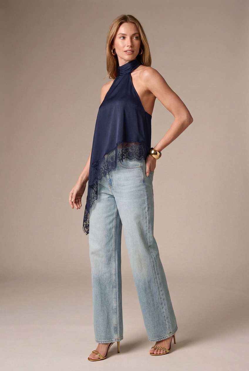 Women's Satin Halter Vest - Lace Trim Asymmetric Sleeveless A-Line Top
