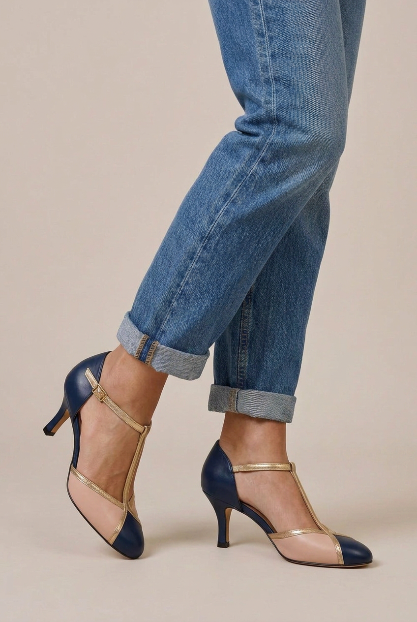 Selene | Women's T-Strap High Heel Shoes Closed-Toe Buckle-Strap Ankle-Strap Dress Heels