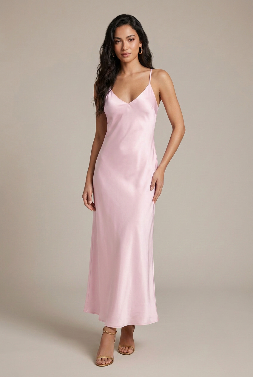 Women's Satin Open-Back Midi Dress – Adjustable Strap Sleeveless High Waist Swing