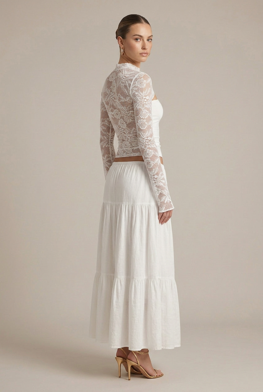 Women's Slim Fit Cropped Top - Bell Sleeve Lace Cut-Out Round Neck Blouse