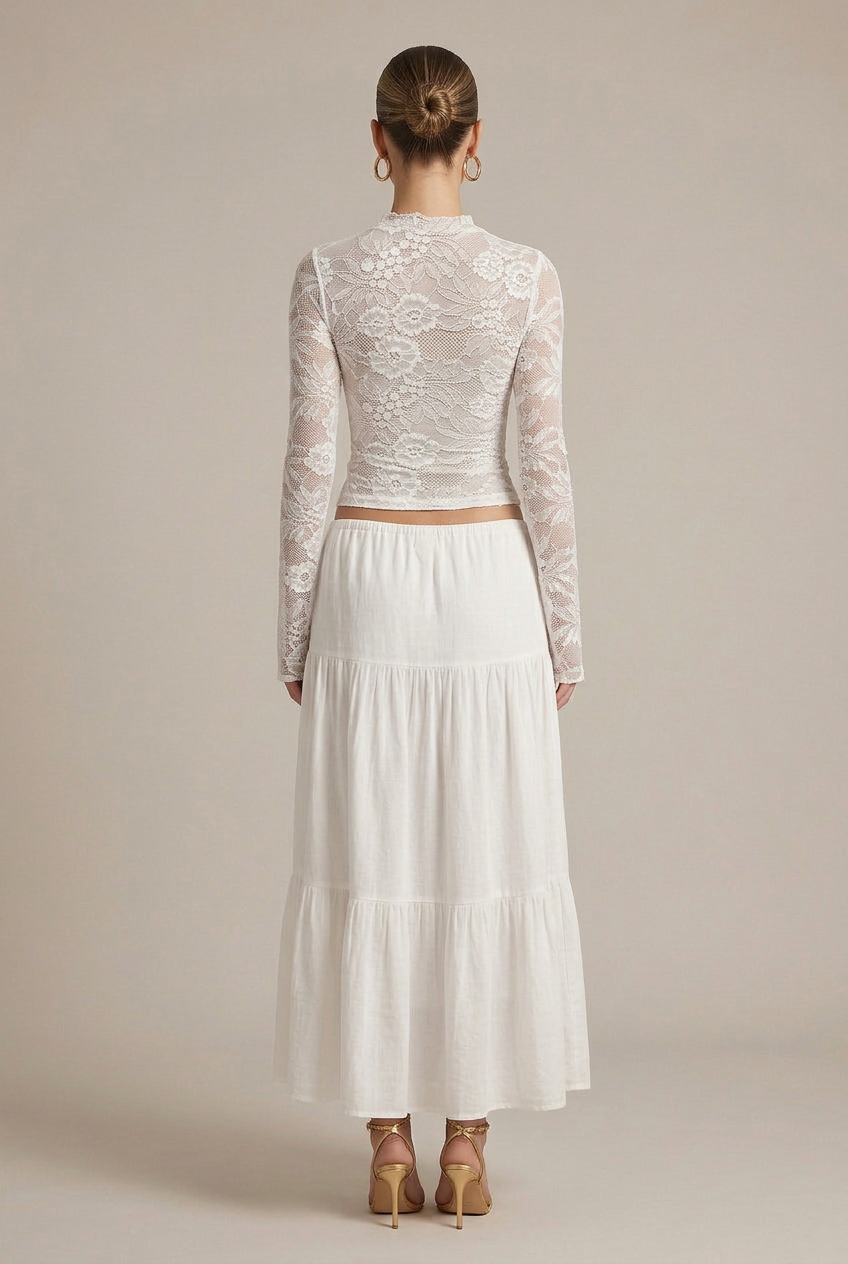 Women's Slim Fit Cropped Top - Bell Sleeve Lace Cut-Out Round Neck Blouse