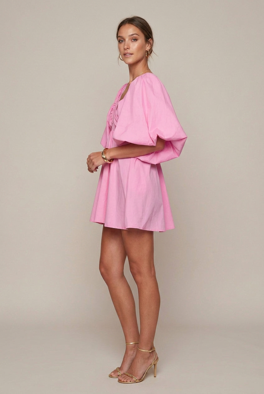 Women's Puff Sleeve V Neck Bodycon Mini Dress – Open-Back High Waist Pencil Pullover