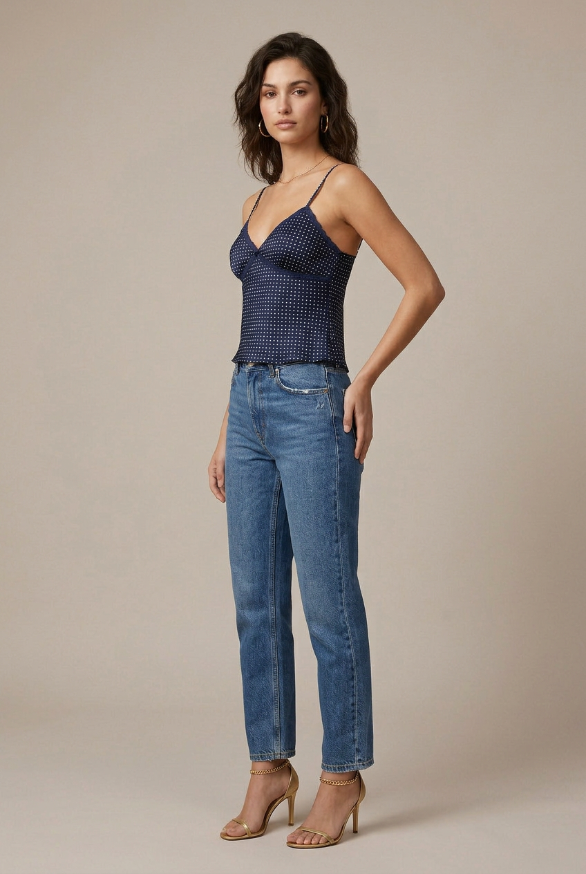 Women's Lace Camisole Top - V-Neck Double-Strap with Bow & Polka Dot Detail