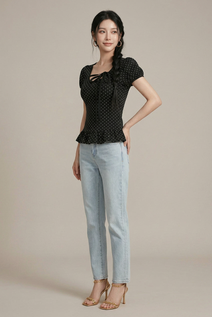 Women's Polka Dot Puff Sleeve Top - Ruffled Hem Bow Tie Slim Fit Blouse