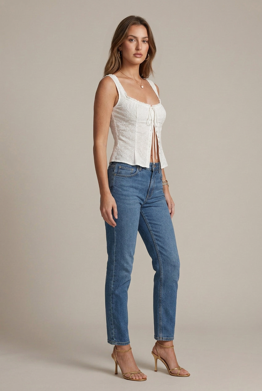 Women's Jacquard Lace Top - Spaghetti Strap Tie-Up A-Line Short Cami