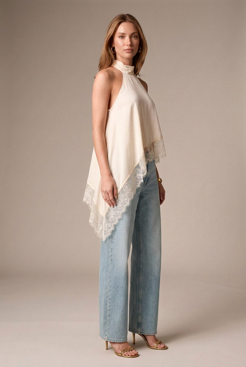 Women's Satin Halter Vest - Lace Trim Asymmetric Sleeveless A-Line Top