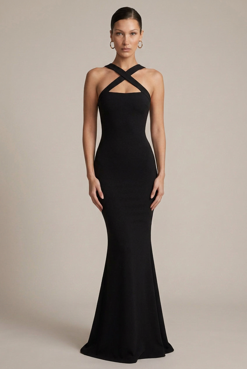Women's Cross Halter Neck Backless Maxi Dress – Sleeveless V Neck High Waist Evening Gown