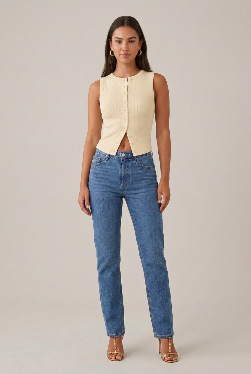 Women's Sleeveless Button-Up Vest - Round Neck Slim Fit Streetwear Top
