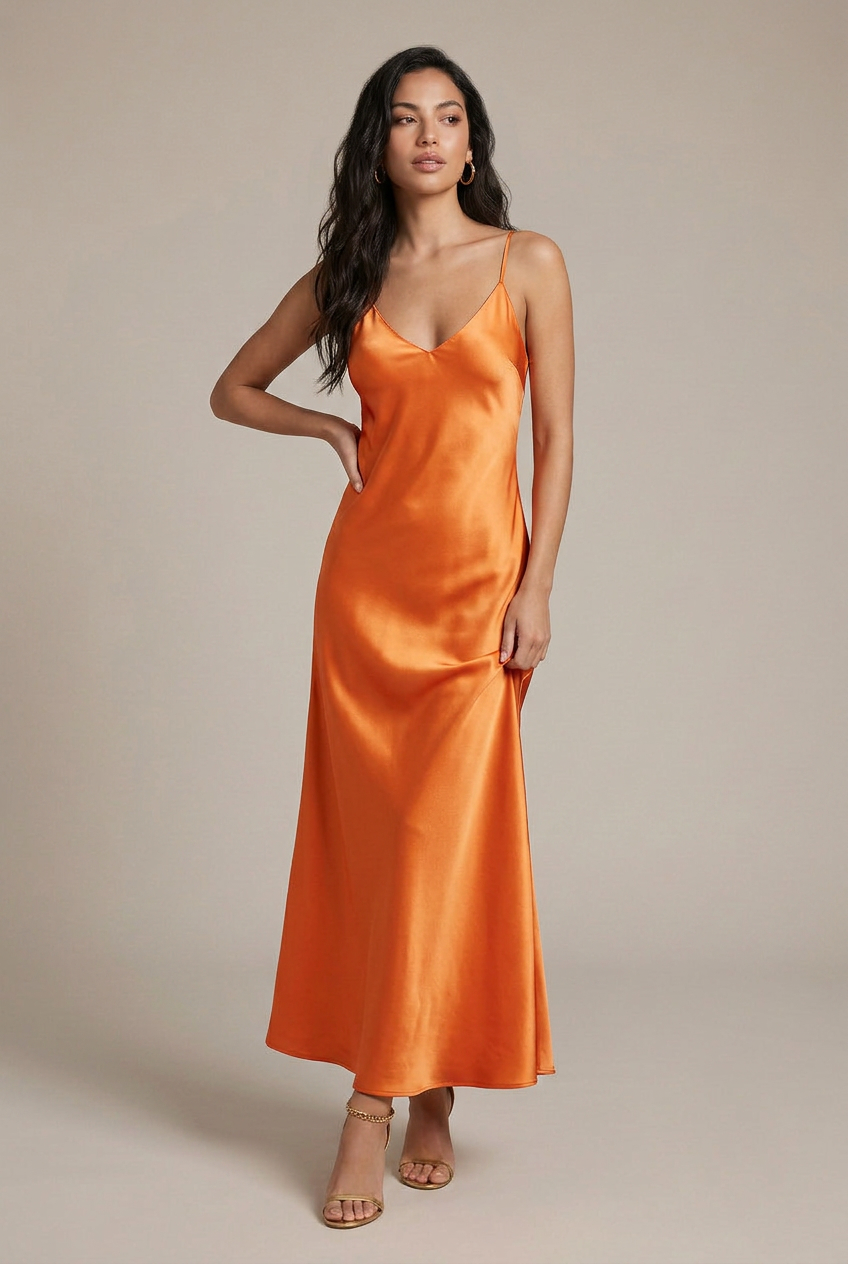 Women's Satin Open-Back Midi Dress – Adjustable Strap Sleeveless High Waist Swing