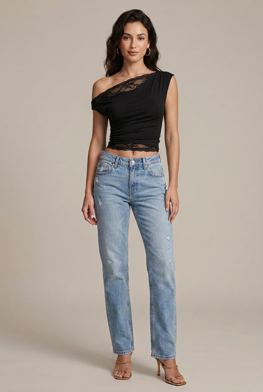 Women's Off-Shoulder Lace T-Shirt - Short Sleeve Slim Fit Backless Embroidered Top