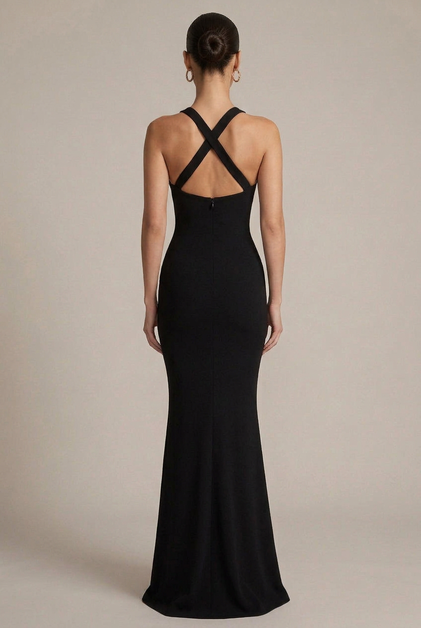 Women's Cross Halter Neck Backless Maxi Dress – Sleeveless V Neck High Waist Evening Gown