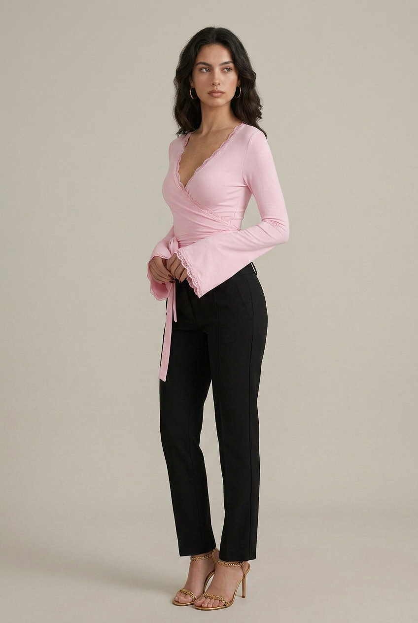 Women's V-Neck Long Sleeve Top - Lace Trim Slim Fit Knit Blouse