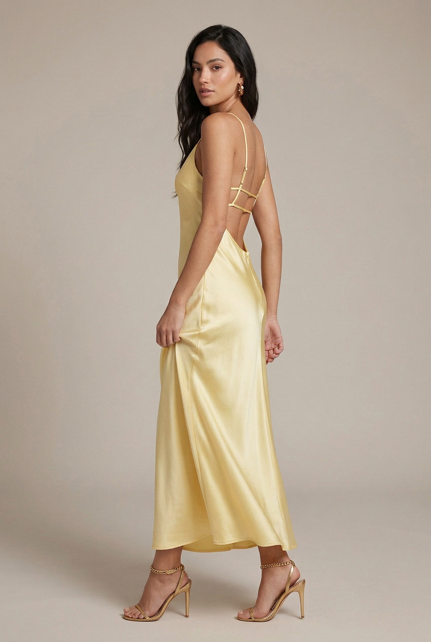 Women's Satin Open-Back Midi Dress – Adjustable Strap Sleeveless High Waist Swing