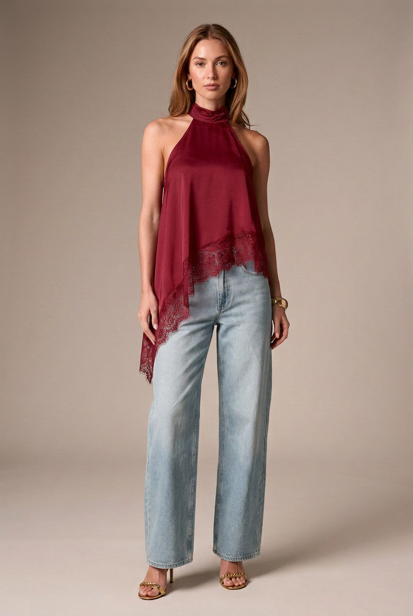 Women's Satin Halter Vest - Lace Trim Asymmetric Sleeveless A-Line Top