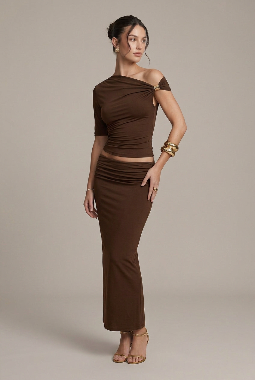 Women's Off-Shoulder Top - Metal Buckle Slanted Collar Slim Fit Short Sleeve Shirt