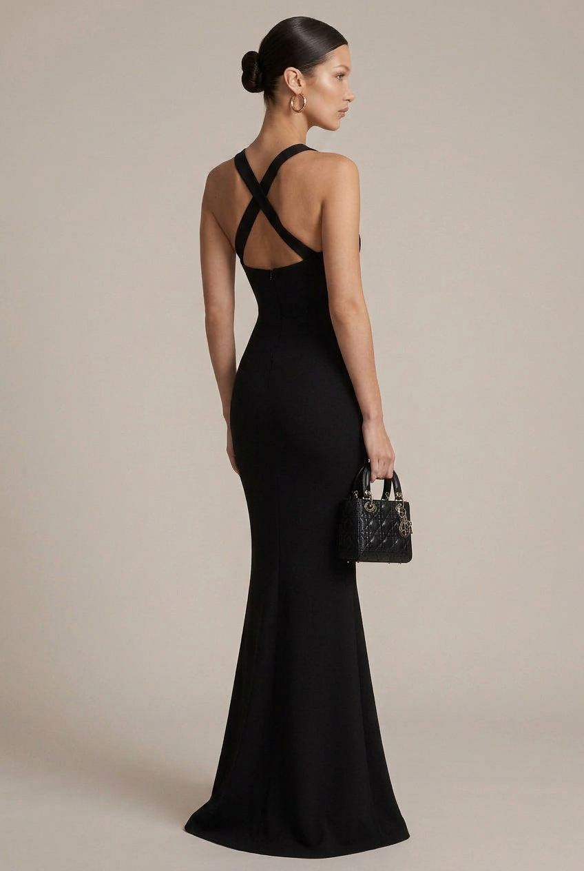 Women's Cross Halter Neck Backless Maxi Dress – Sleeveless V Neck High Waist Evening Gown