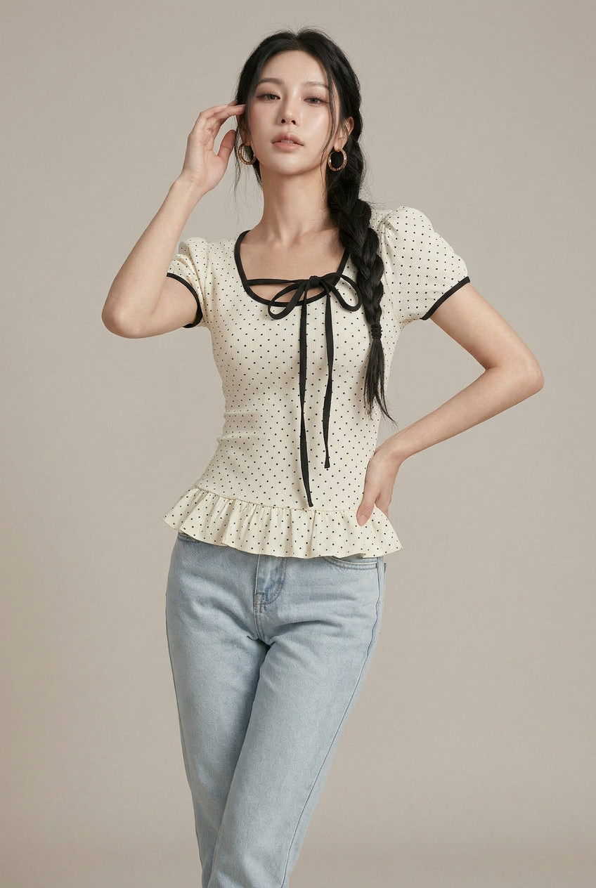 Women's Polka Dot Puff Sleeve Top - Ruffled Hem Bow Tie Slim Fit Blouse