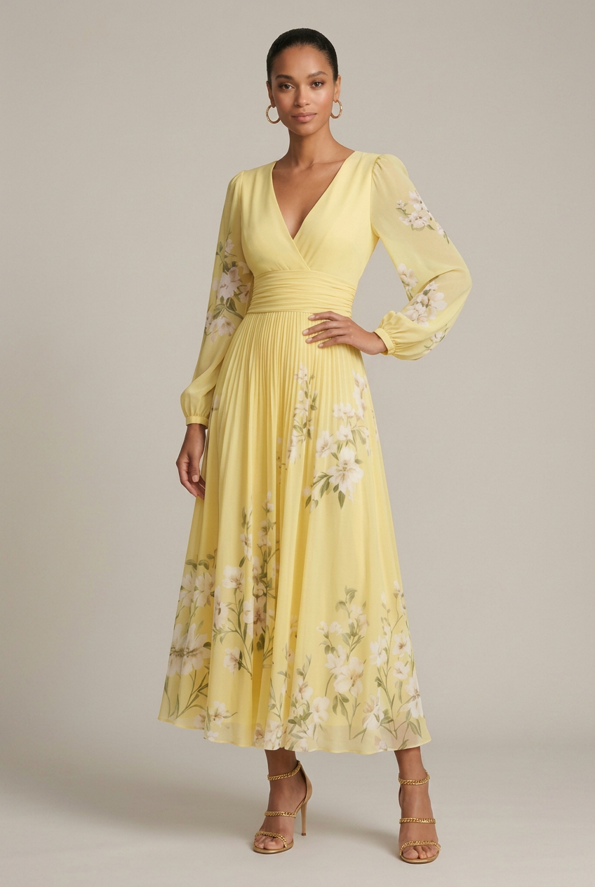 Women's Floral Maxi Dress – V-Neck Long Sleeve Pleated A-Line with High Waist Luna Body Co