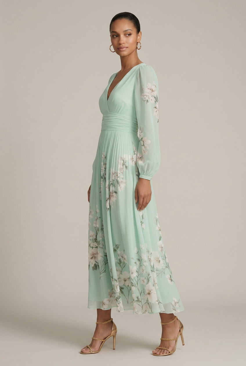 Women's Floral Maxi Dress – V-Neck Long Sleeve Pleated A-Line with High Waist Luna Body Co