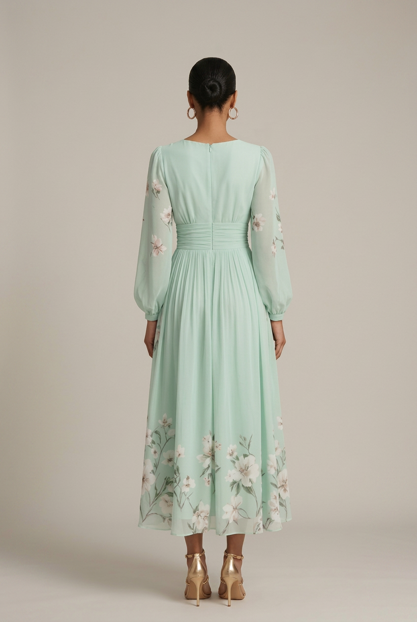 Women's Floral Maxi Dress – V-Neck Long Sleeve Pleated A-Line with High Waist Luna Body Co