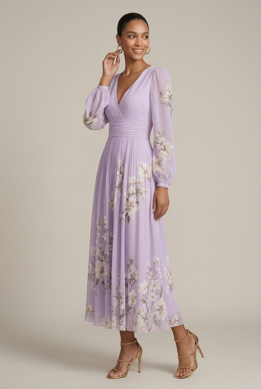 Women's Floral Maxi Dress – V-Neck Long Sleeve Pleated A-Line with High Waist Luna Body Co