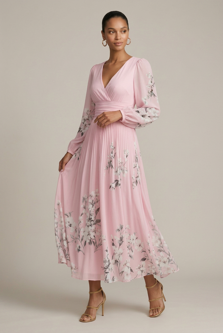 Women's Floral Maxi Dress – V-Neck Long Sleeve Pleated A-Line with High Waist Luna Body Co