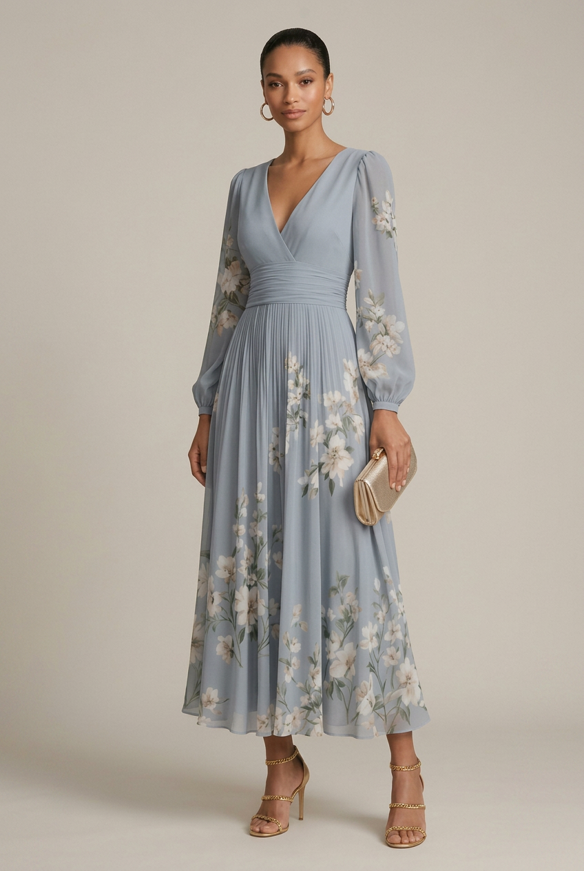 Women's Floral Maxi Dress – V-Neck Long Sleeve Pleated A-Line with High Waist Luna Body Co