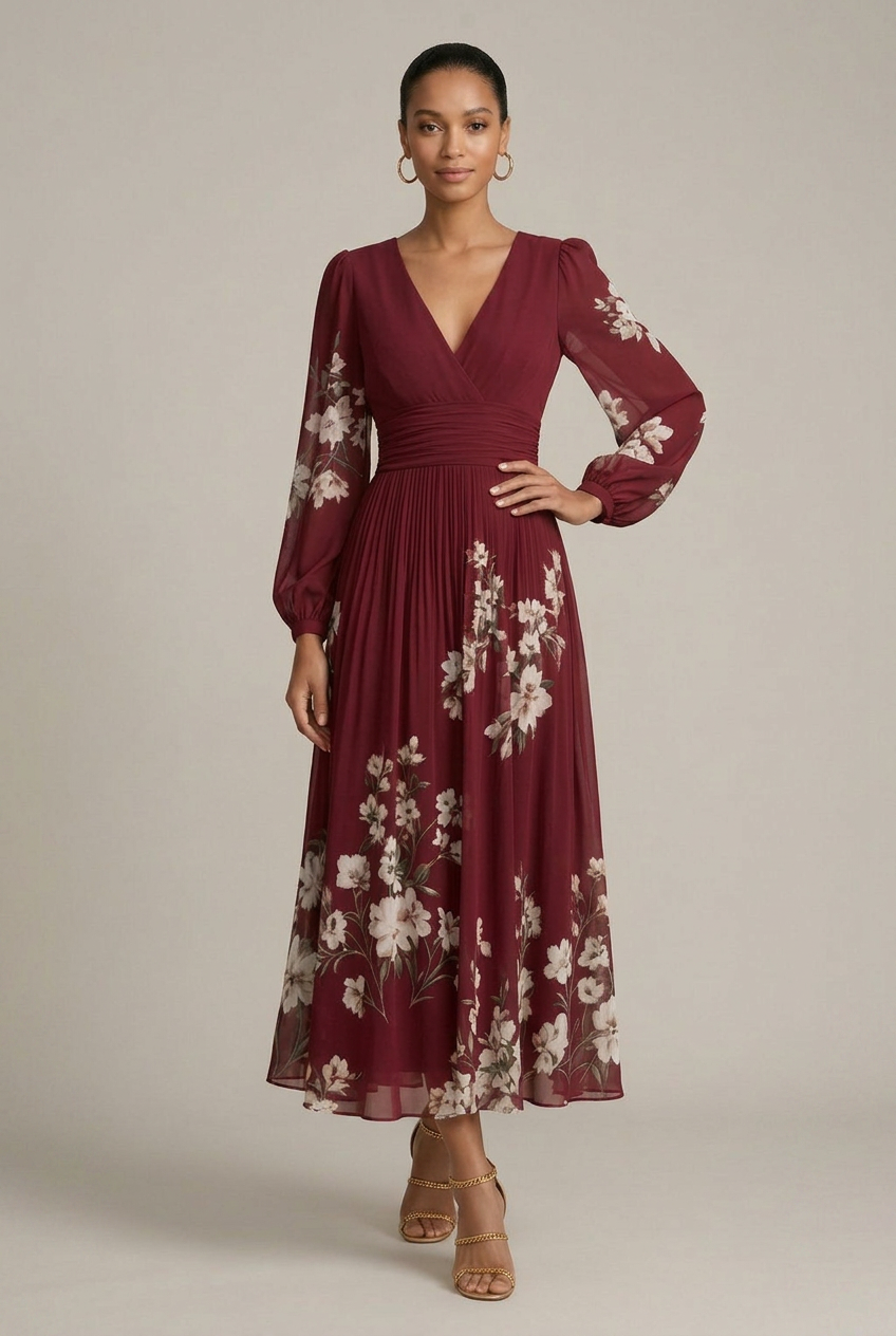 Women's Floral Maxi Dress – V-Neck Long Sleeve Pleated A-Line with High Waist Luna Body Co