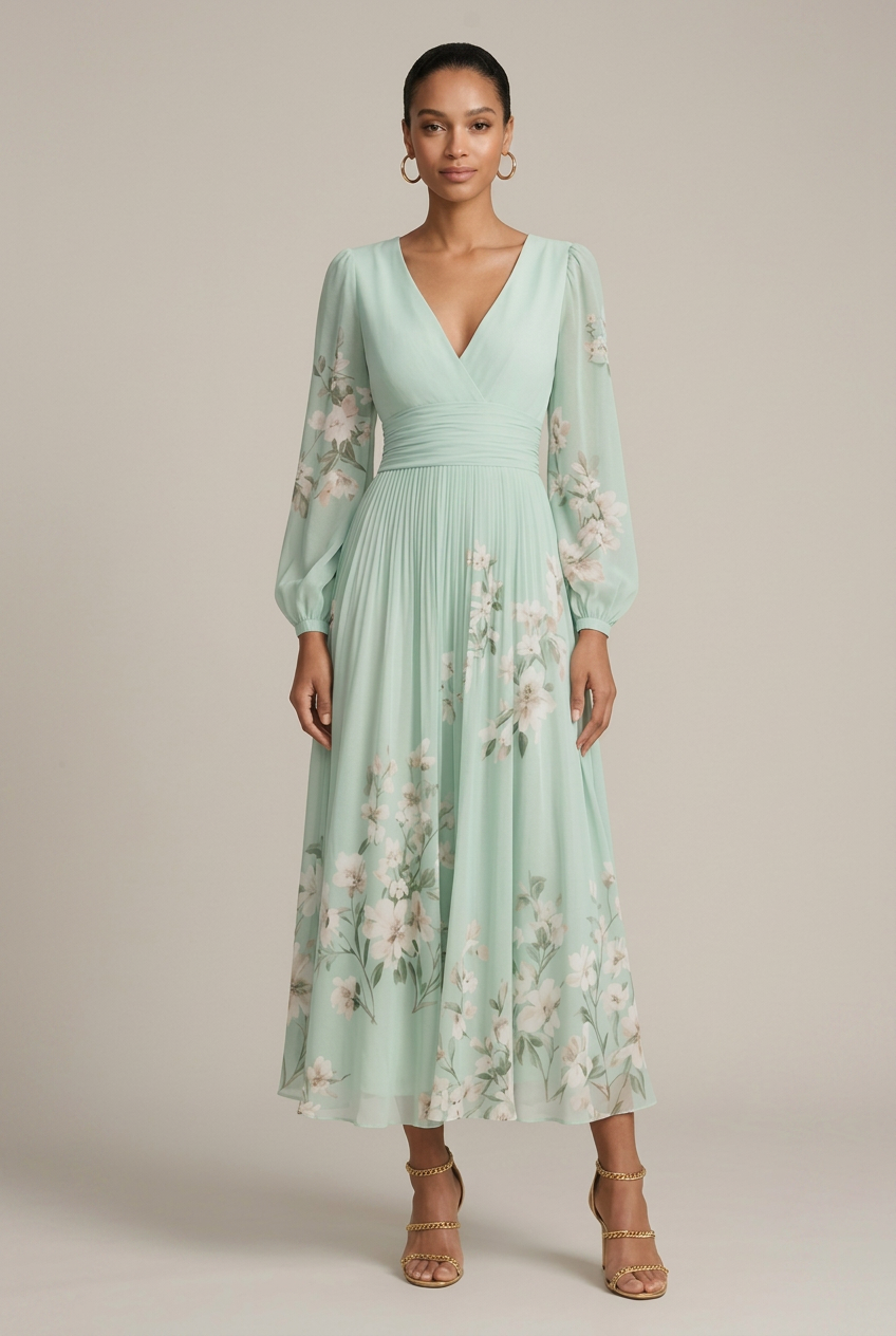 Women's Floral Maxi Dress – V-Neck Long Sleeve Pleated A-Line with High Waist Luna Body Co