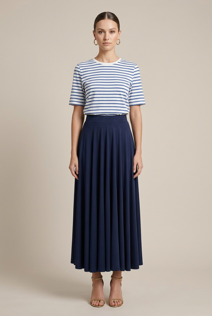 Women's Pleated A-Line Midi Skirt – Soft Cotton Modal Blend, High-Waist Elastic Band, Flowy Umbrella Silhouette