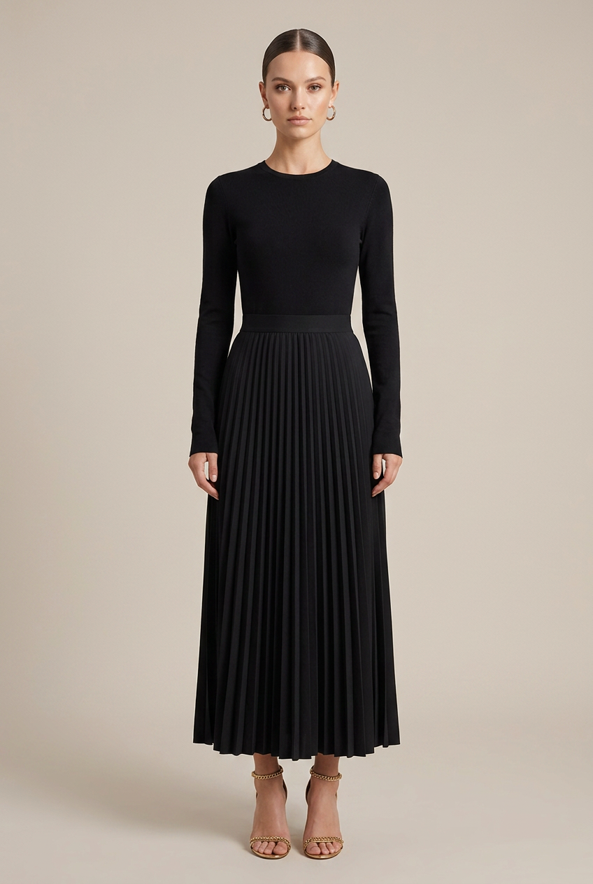 Women's Pleated Wool-Blend Midi Skirt – Draped High-Waist Design, Crumpled Texture, Full Swing Ankle Length